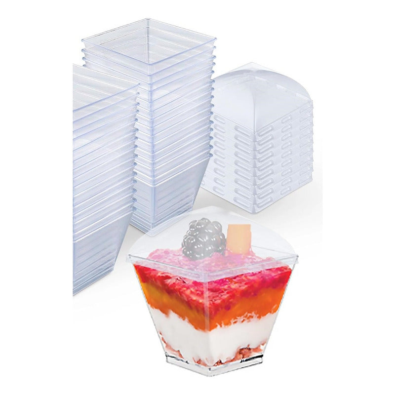 Pack X25 Vasos Acrilico Para Postres Con Tapa Pocillo 210ml