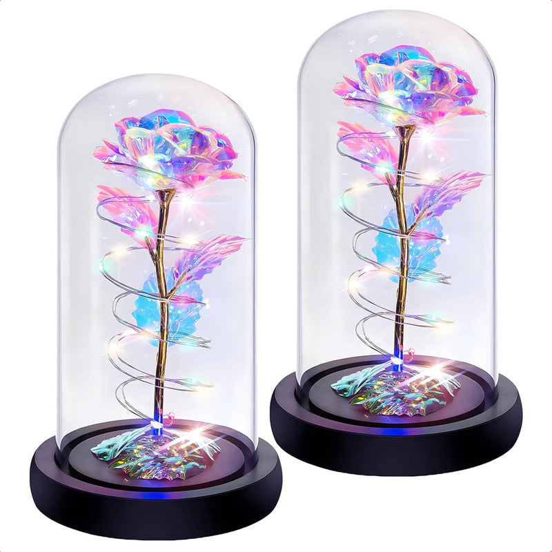 Pack X2 Rosas Eternas Encapsulada Rosa San Valentin Led Cupu