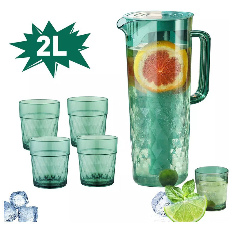 Set Jarra 2 Litros + 4 Vasos Jarra Agua Jugo Refrigerante