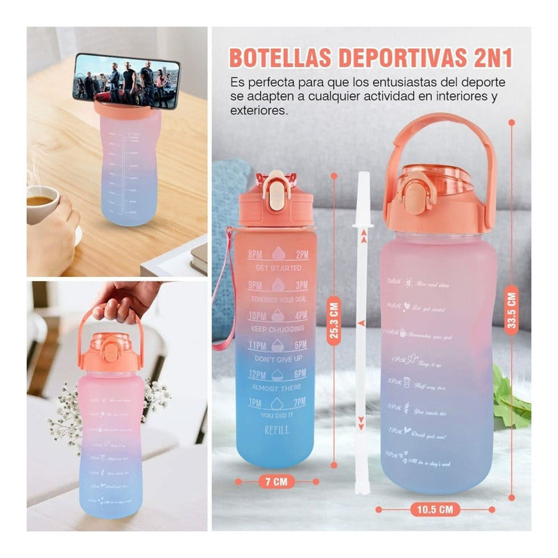 Pack X2 Botellas De Agua Deportiva 2l Y 1l Botella Portátil