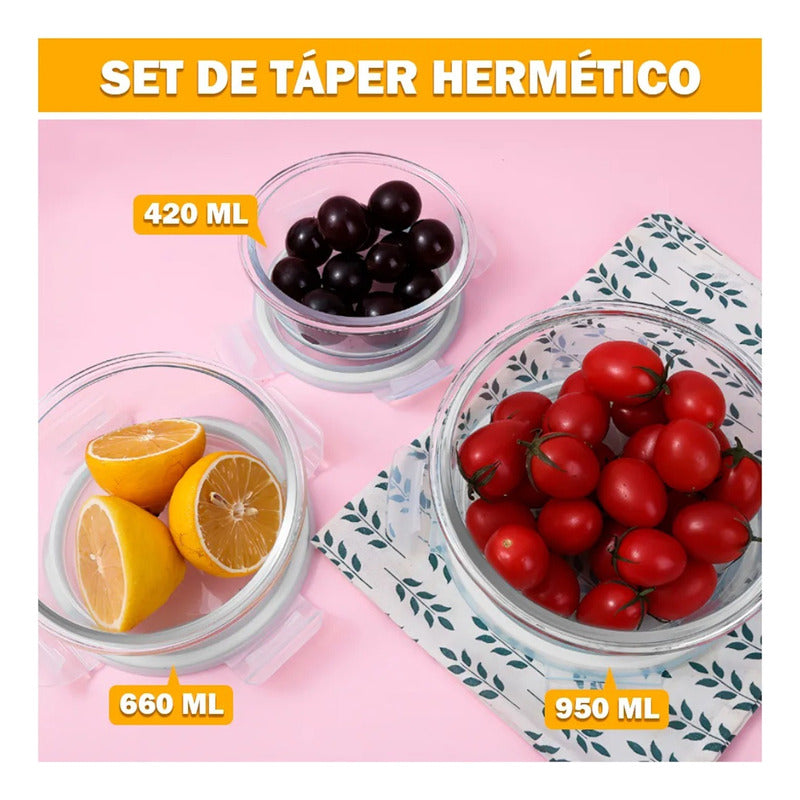 Set 3 Contenedores Envases De Vidrio Redondos Herméticos