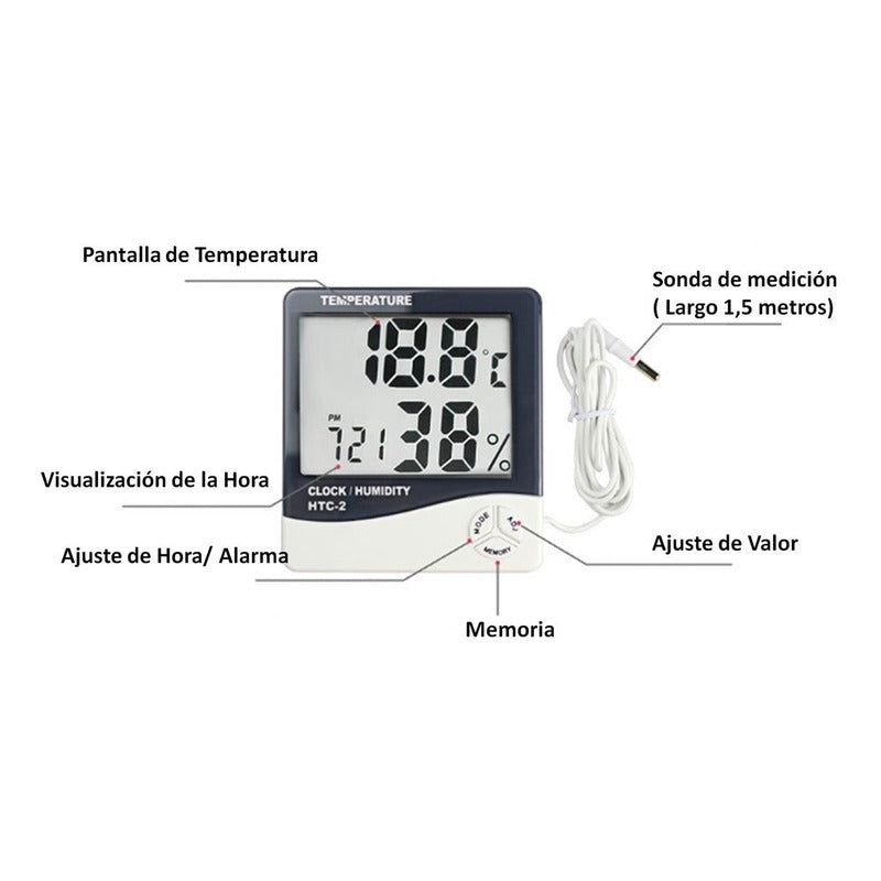 Termómetro Digital Reloj Higrometro Humedad Ambiental Htc-2