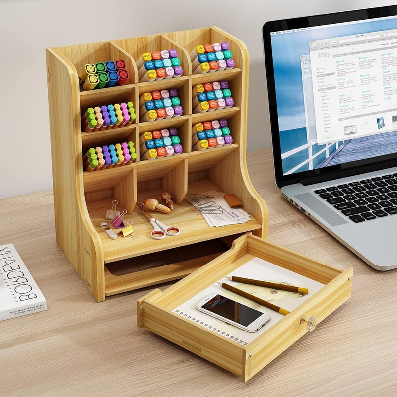 Organizador Escritorio Madera Con Cajon Portalápices Oficina