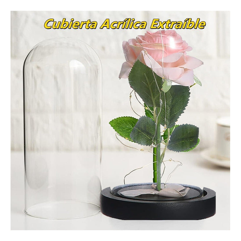 Cúpula Vidrio Rosa Led Flores Artificiales Rosa Eterna Led