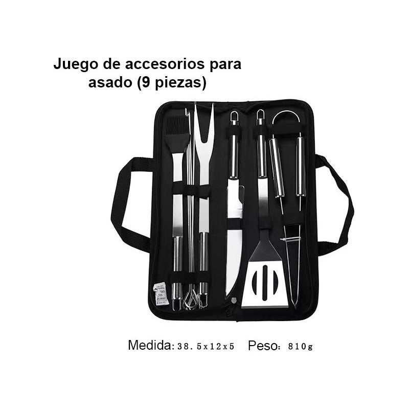 Kit Parrillero 9 Piezas Acero Inoxidable Herramientas Asado