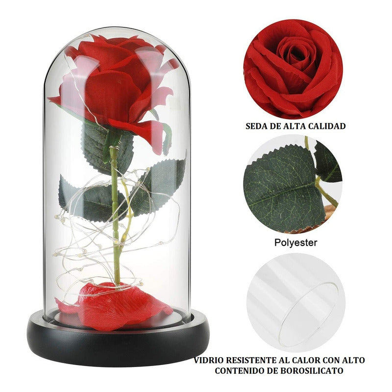 Cúpula Vidrio Rosa Led Flores Artificiales Rosa Eterna Led