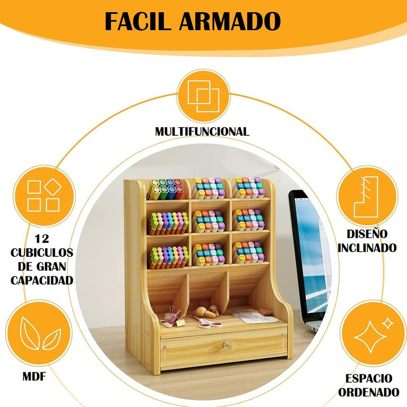 Organizador Escritorio Con Cajón Portalápices Oficina Mader