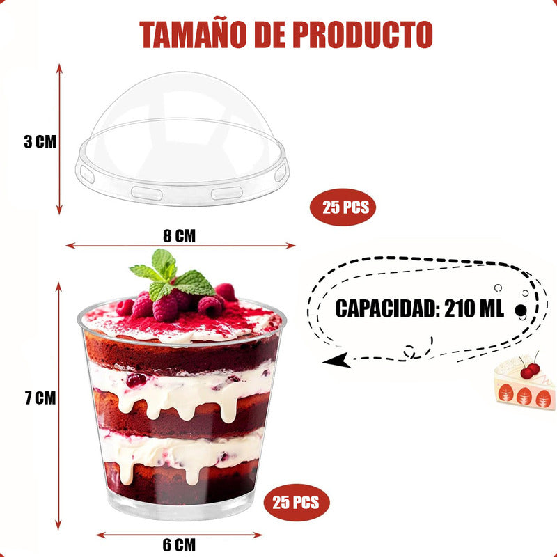 Pack X25 Vasos Acrilico Para Postres Con Tapa Pocillos 210ml Color Transparente