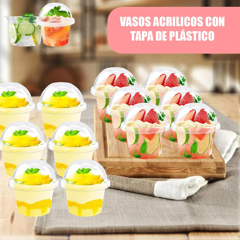 Pack 50 Envases De Plástico Desechables Con Tapa Vaso Postre