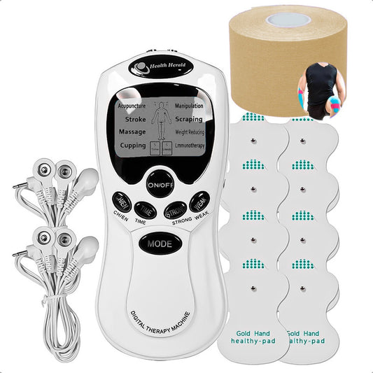 Set Electroestimulador Tens 8 Electrodos Cinta Kinesiologica