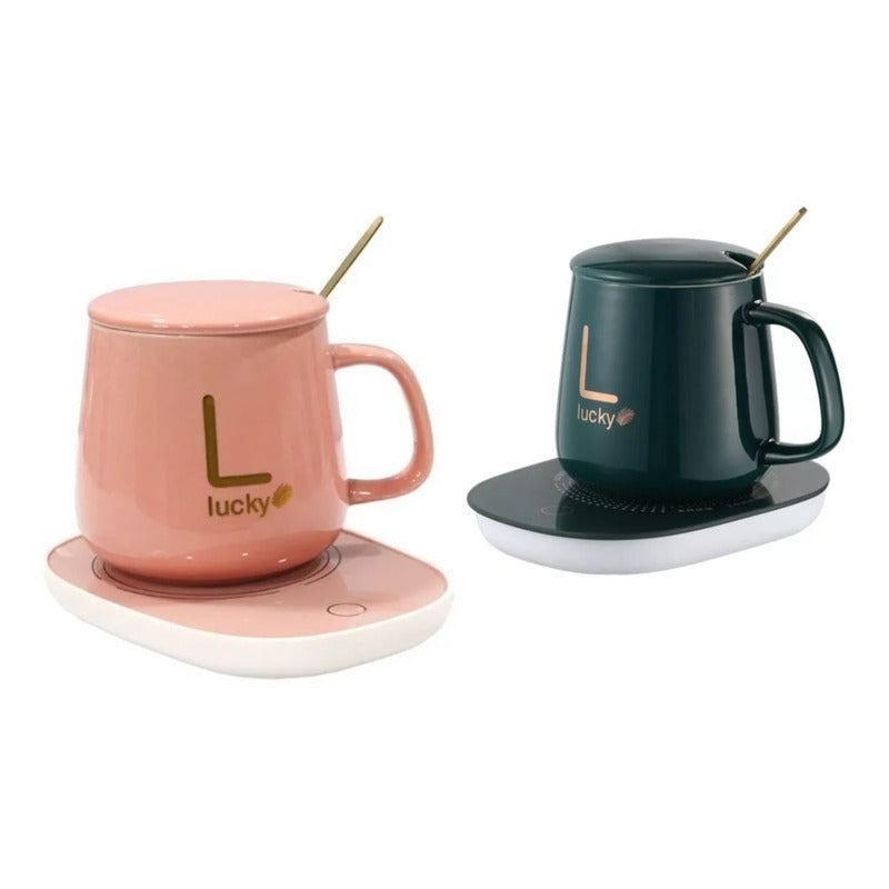 Pack X2 Taza Con Calentador Tazón Tazas De Te Temperadas Mug - Blanco/Rosa