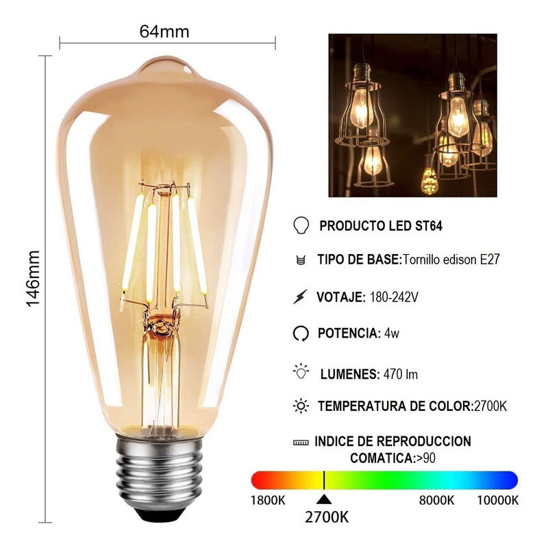 Pack X5 Ampolletas Vintage E27 Edison Filamento 4w Luz Calid