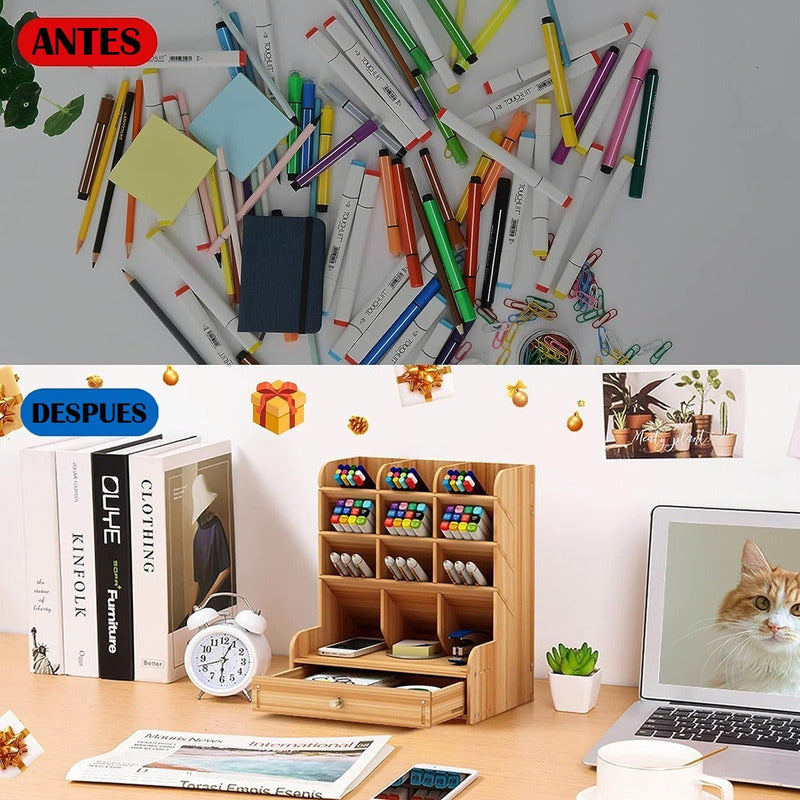Organizador Escritorio Con Cajón Portalápices Oficina Mader