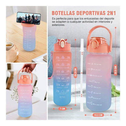 Pack X2 Botellas De Agua Deportiva 2l Y 1l Botella Portátil