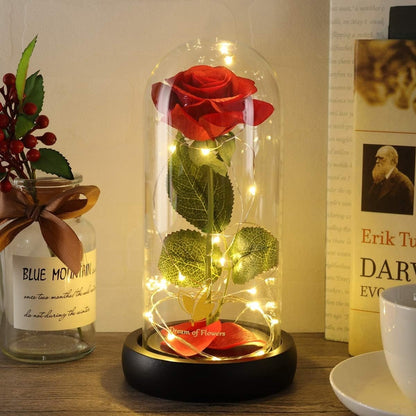 Cúpula Vidrio Rosa Led Flores Artificiales Rosa Eterna Led