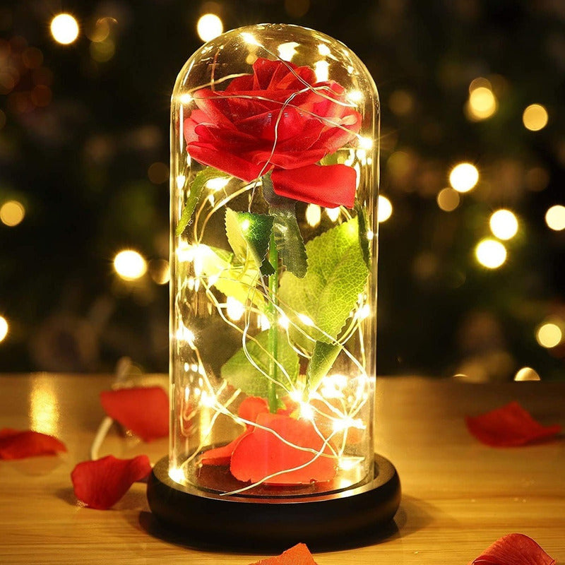 Cúpula Vidrio Rosa Led Flores Artificiales Rosa Eterna Led