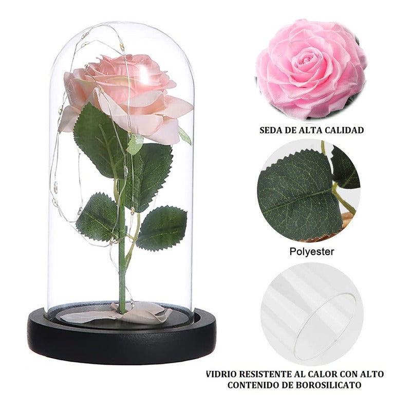 Cúpula Vidrio Rosa Led Flores Artificiales Rosa Eterna Led