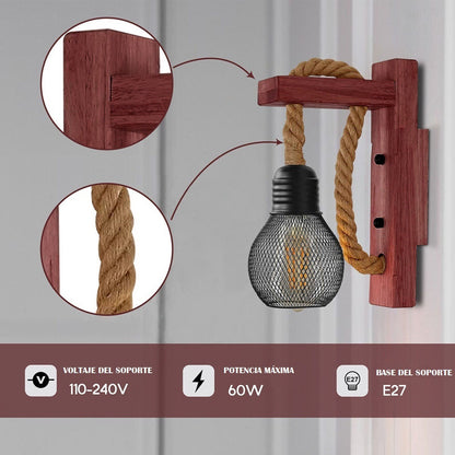 Lampara De Pared Madera Vintage Lámparas Rustica Retro Soga