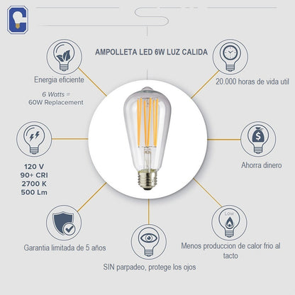 Ampolleta Vintage 6w E27 Filamento Luz Cálida Ampolleta Led