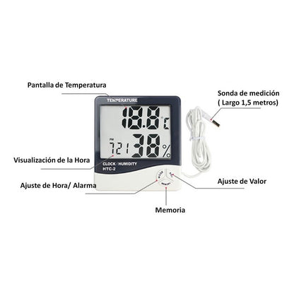 Termómetro Digital Reloj Higrometro Humedad Ambiental Htc-2