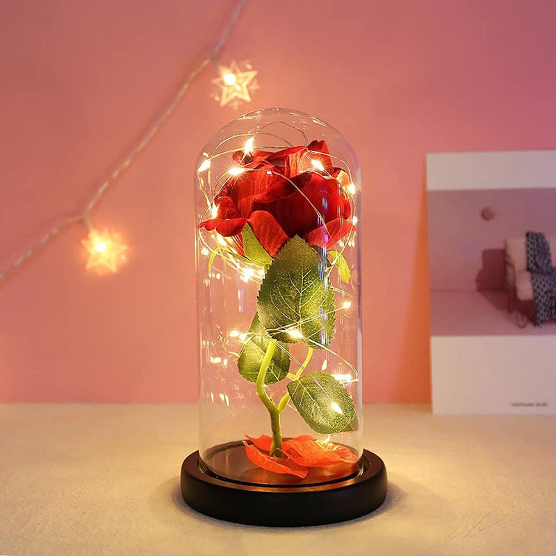 Cúpula Vidrio Rosa Led Flores Artificiales Rosa Eterna Led