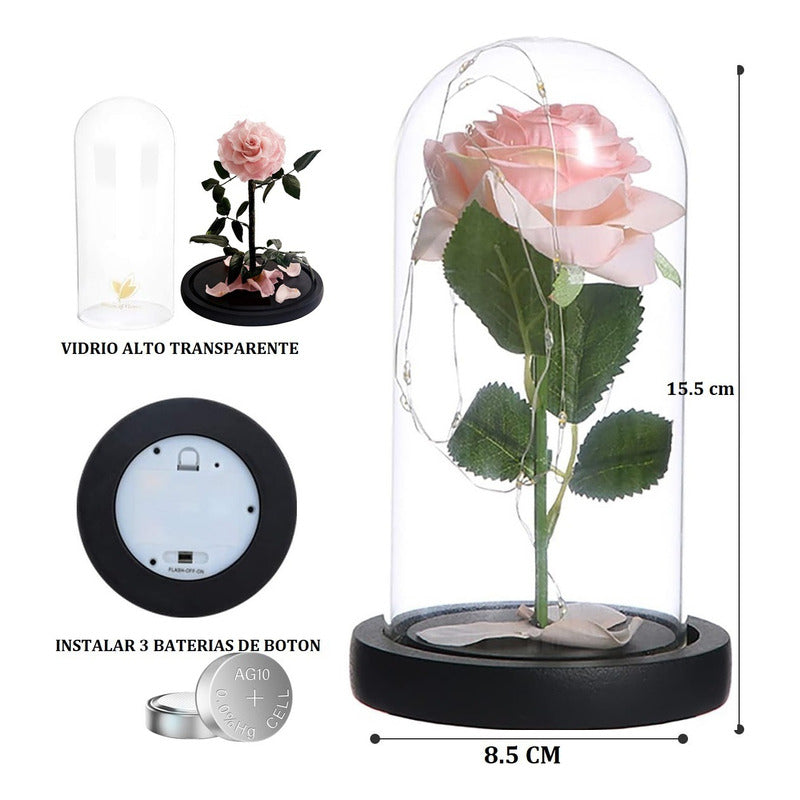 Cúpula Vidrio Rosa Led Flores Artificiales Rosa Eterna Led