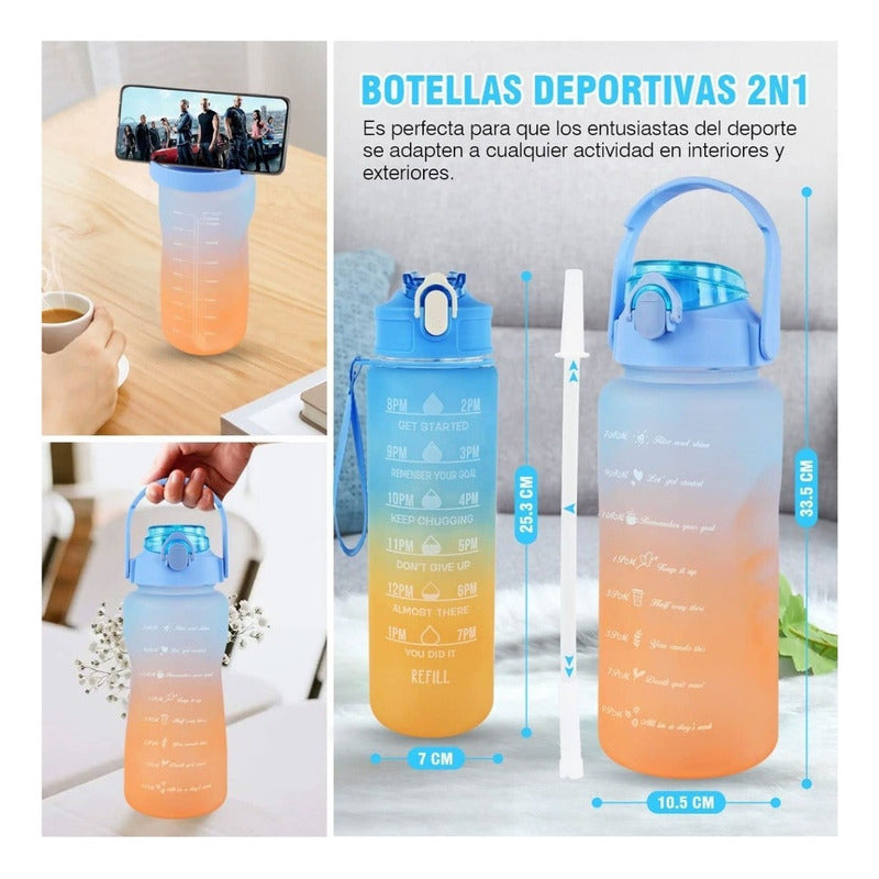 Pack X2 Botellas De Agua Deportiva 2l Y 1l Botella Portátil