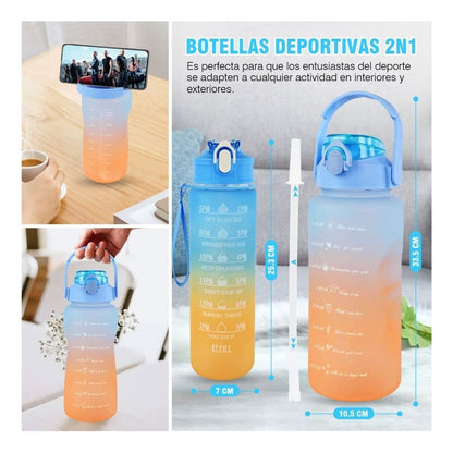 Pack X2 Botellas De Agua Deportiva 2l Y 1l Botella Portátil