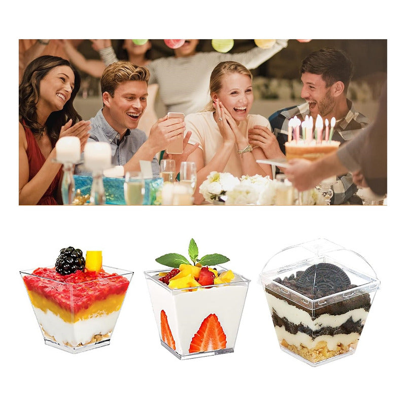 Pack X50 Vasos O Pocillo Con Tapa Acrilico Postres 210ml