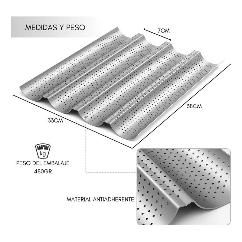 Molde Perforado Antiadherente 4 Pan Francés Baguette Baguete Arcashopping Molde Perforado Metalico Antiadherente Para Pan Francés Pan Baguette