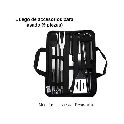 Kit Parrillero 9 Piezas Acero Inoxidable Herramientas Asado