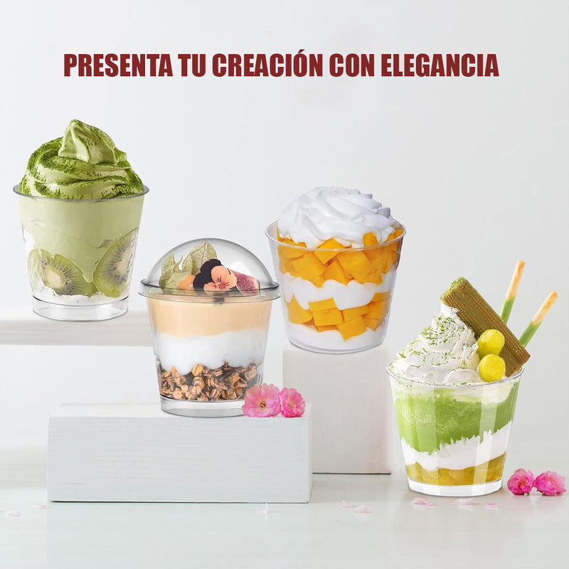 Pack X50 Vasos Acrilico Para Postre Con Tapa Pocillos 210ml
