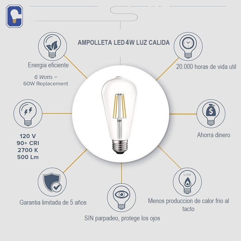 Ampolleta Vintage 4w E27 Filamento Luz Cálida Ampolleta Led