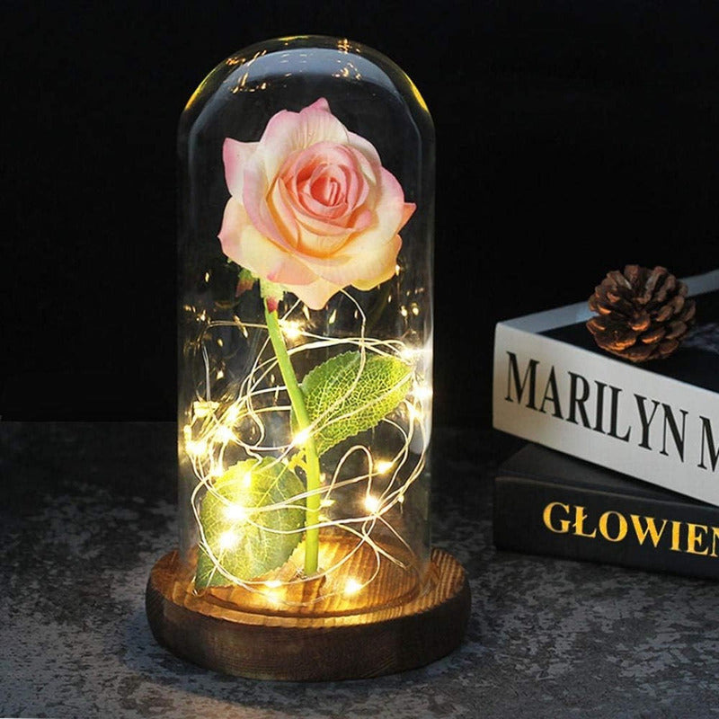 Cúpula Vidrio Rosa Led Flores Artificiales Rosa Eterna Led
