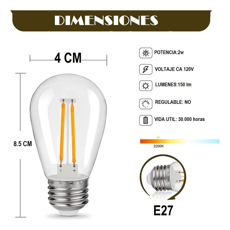 Pack X10 Ampolleta Vintage 2w E27 Filamento Luz Calida