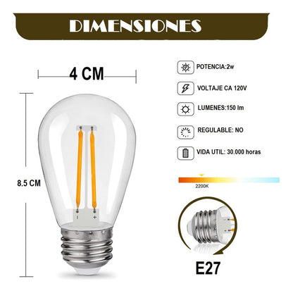 Pack X10 Ampolleta Vintage 2w E27 Filamento Luz Calida