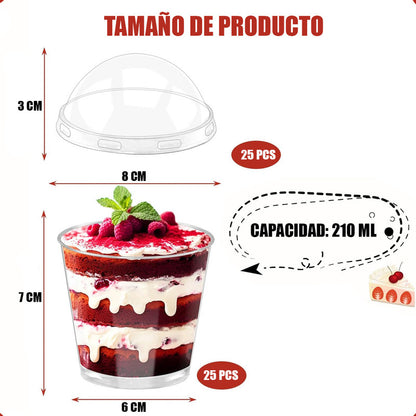 Pack X25 Vasos Acrilico Para Postres Con Tapa Pocillos 210ml Color Transparente
