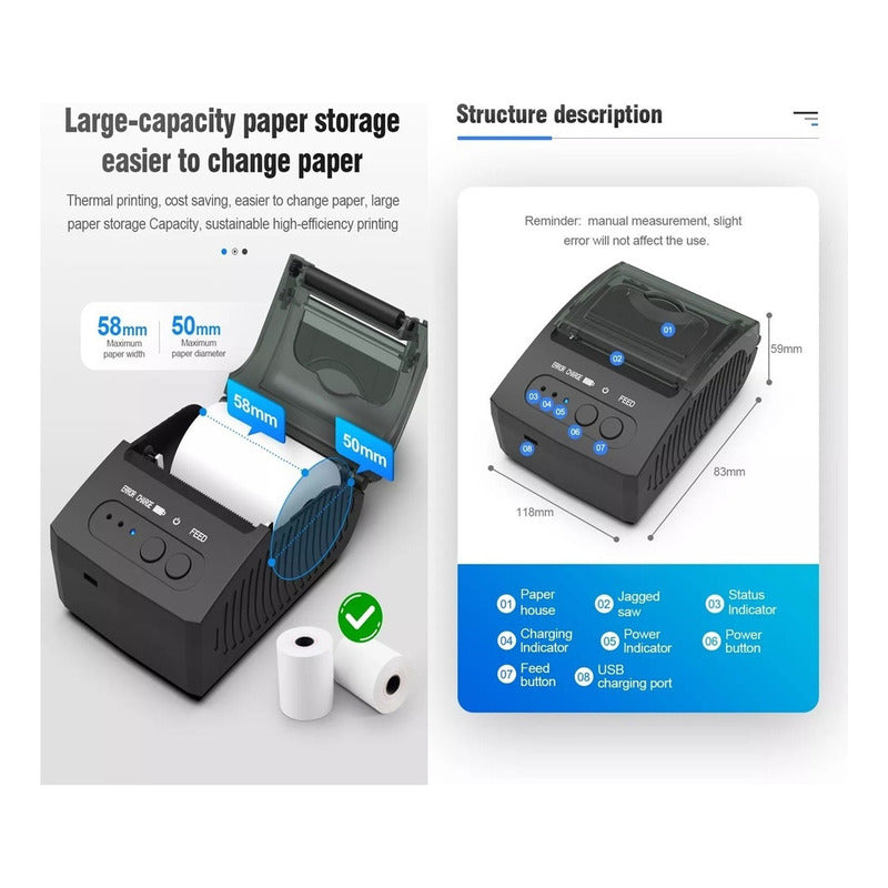 Mini Impresora Vt Con Bluetooth Térmica Portátil Android De 58 Mm Mtp2