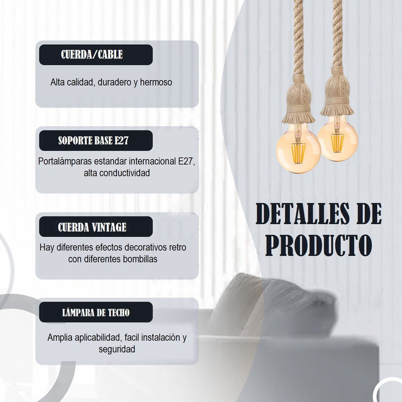 Lampara Soquete Cuerda Marina Vintage Decoracion E27 Doble
